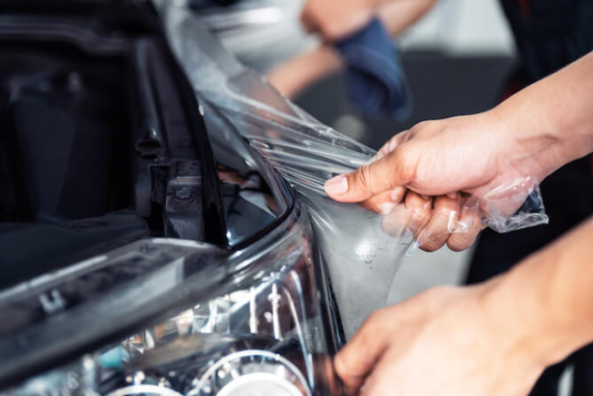 A Man Applying STEK Clear Bra To Black Car that looks like Plastic Wrap after Paintless Dent Repair Service